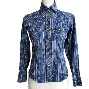 PATAGONIA Blue Yellow Plaid Western Style Fitted Overshirt Size XS Pearl Snaps